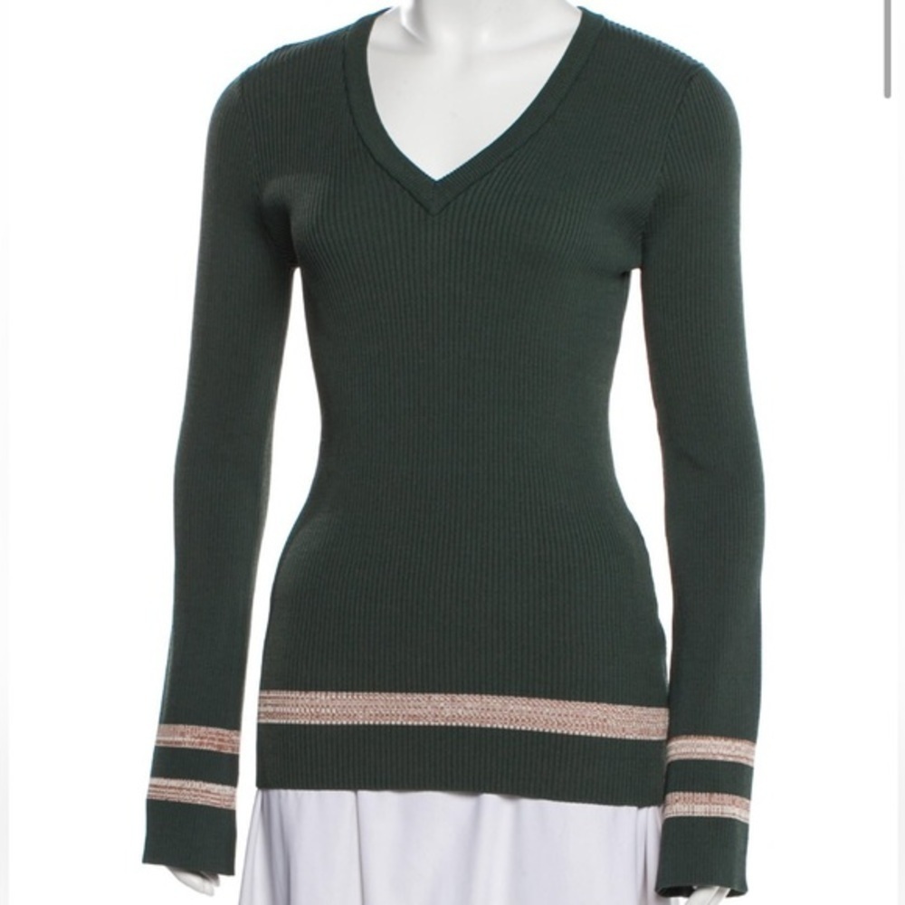NOMIA V-Neck Sweater Green with cream/peach stripe